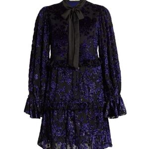 Alice + Olivia Black and Purple Floral Velvet Tie-Neck Long Sleeve Mini Dress.